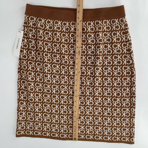 Calvin Klein Pencil Skirt CK Monogram Logo Tan White Stretch Knit Large $80 MSRP - Picture 5 of 6